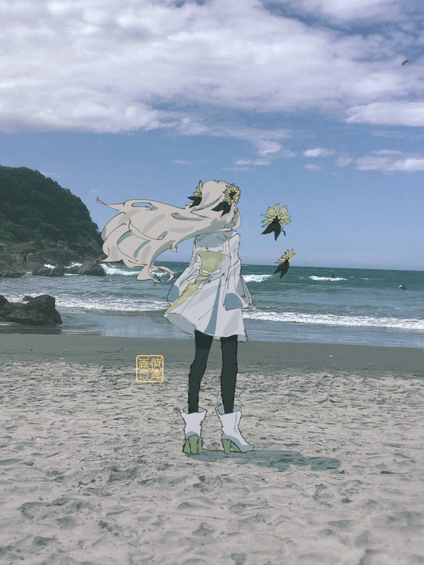1girl, absurdres, arms_at_sides, artist_name, beach, black_pantyhose, blonde_hair, boots