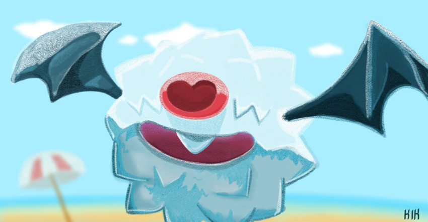 beach, beach_umbrella, black_wings, blue_fur, blue_sky, buck_teeth, day, highres