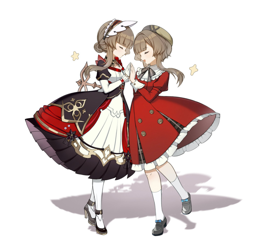 2girls, black_dress, black_shoes, brown_hair, brown_hat, closed_eyes, dress, frilled_dress, frills, full_body, genshin_impact, gloves, hat, headdress, highres, jmsolucoes, layered_dress, long_sleeves, mary-ann_(genshin_impact), medium_hair, multiple_girls, palms_together, red_dress, sandrone_(genshin_impact), shoes, sidelocks, simple_background, socks, standing, two-tone_dress, white_background, white_dress, white_gloves, white_socks