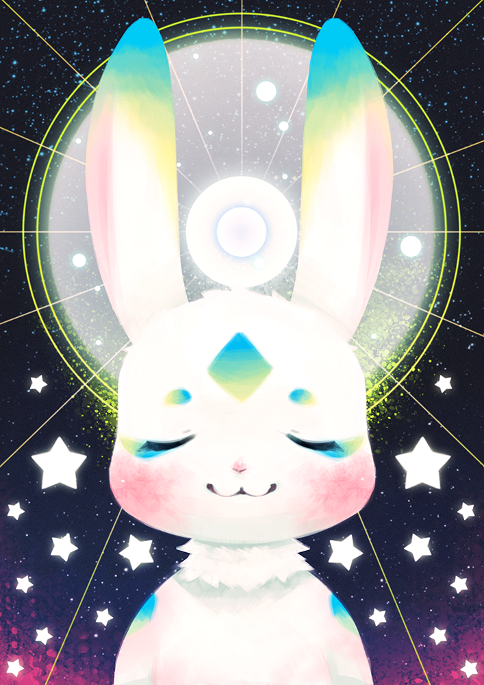 1boy, blue_fur, body_markings, chu_(66r741), closed_eyes, constellation, divine_markings, facial_mark, facing_viewer, furry, furry_male, gradient_background, gradient_fur, light_particles, markings, mid-autumn_festival, original, rabbit, sky, smile, star_(sky), star_(symbol), starry_sky, sunburst, white_fur