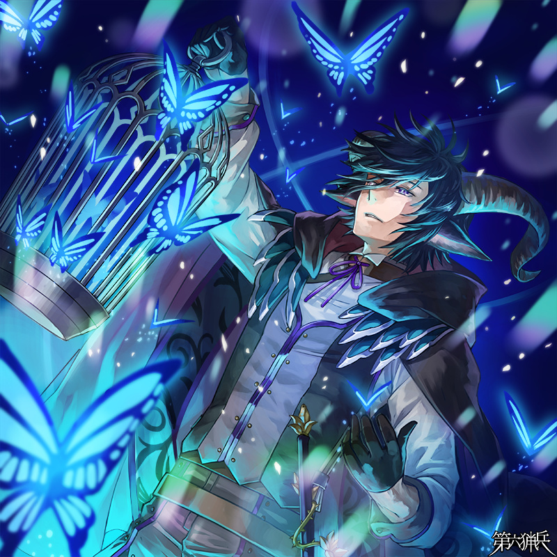 1boy, animal_ears, birdcage, black_cape, black_gloves, black_vest, blue_background, blue_butterfly