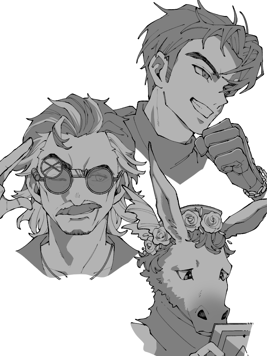 3boys, ;), animal_head, cropped_head, donkey_boy, donkey_head, facial_hair, flower