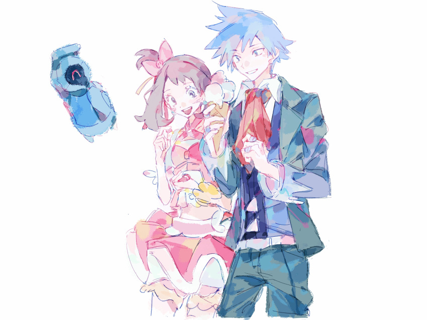 1boy, 1girl, :d, absurdres, beldum, blue_hair, bow, brown_hair