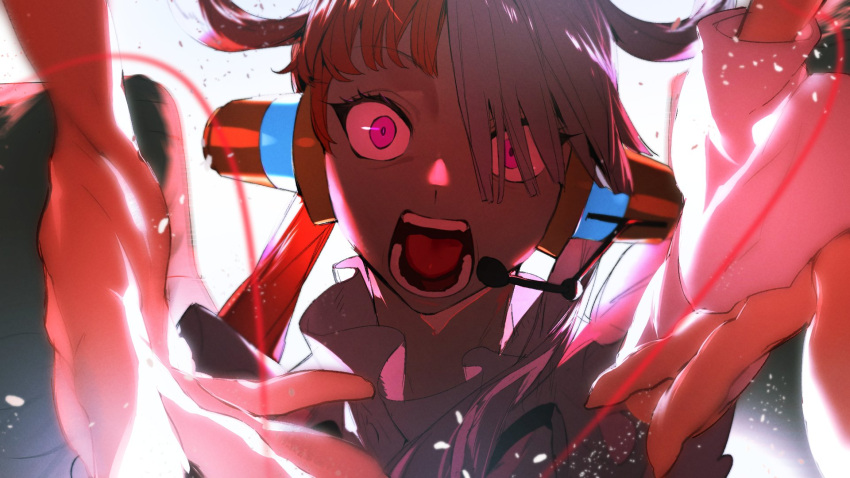 1girl, hair_over_one_eye, headphones, headset, highres, light_particles, multicolored_hair, one_piece