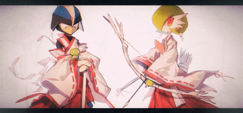 alternate_color, arrow_(projectile), bell, bisharp, bow_(weapon), colored_skin, d2k_(812404562), gardevoir, green_hair, green_skin, hair_over_one_eye, helmet, highres, japanese_clothes, multicolored_skin, pink_eyes, pokemon, pokemon_(creature), quiver, shiny_pokemon, smile, two-tone_skin, weapon, white_skin, wide_sleeves, zygarde, zygarde_cell