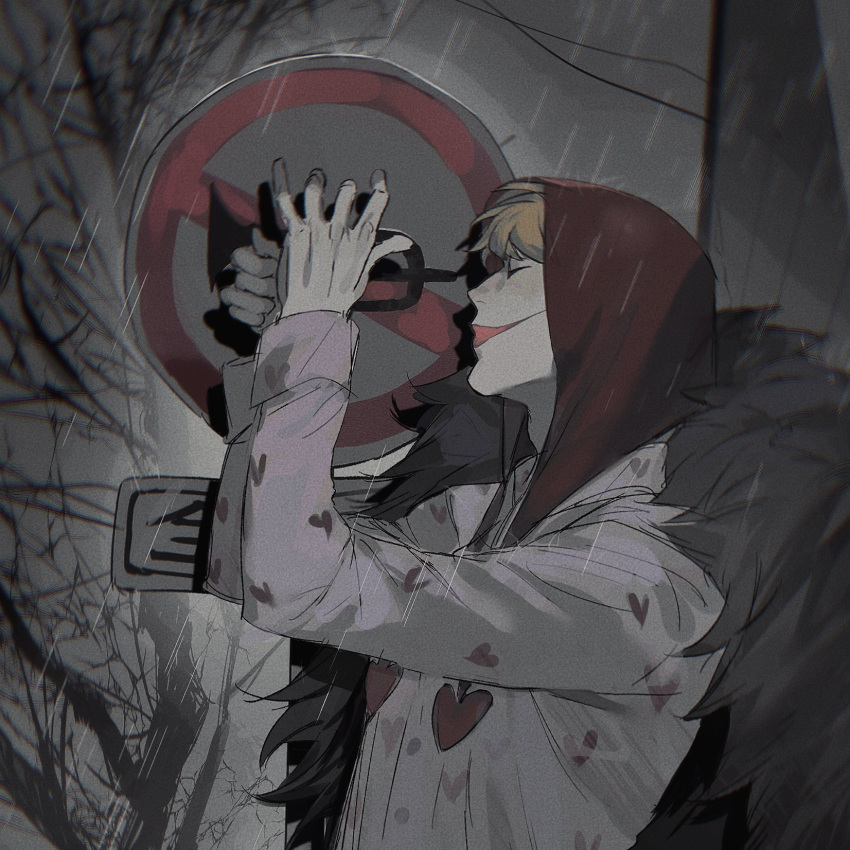 1boy, bare_tree, blonde_hair, closed_eyes, donquixote_rocinante, facepaint, feather_boa, from_side