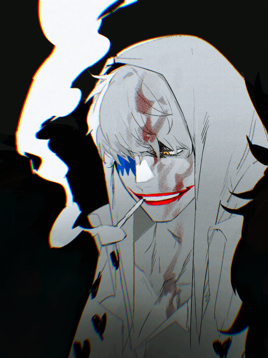 1boy, black_background, blending, chromatic_aberration, cigarette, donquixote_rocinante, hair_over_one_eye, heart