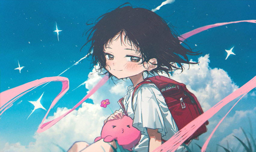 >_<, 1girl, 1other, absurdres, animal, backpack, bag, black_hair