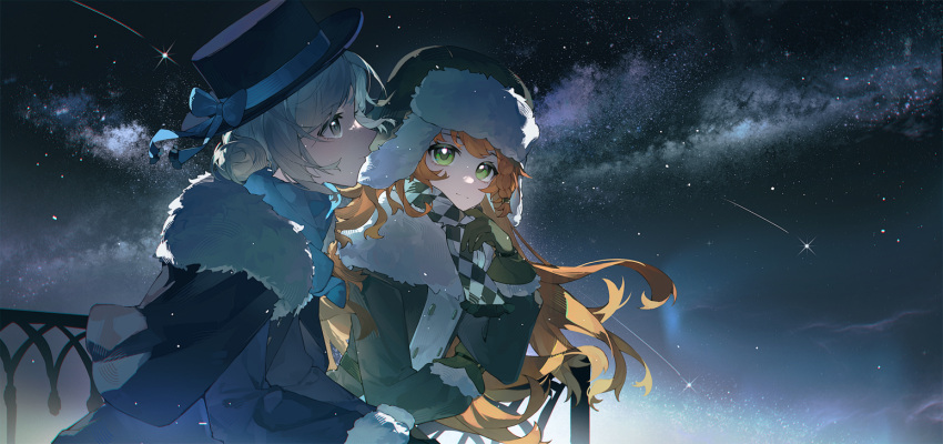 2girls, black_coat, black_hat, blue_bow, blue_scarf, boater_hat, bow, brown_coat