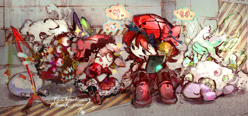 1other, 2girls, :o, all-around_helper, aoruuto, bell, black_eyes, brown_hair