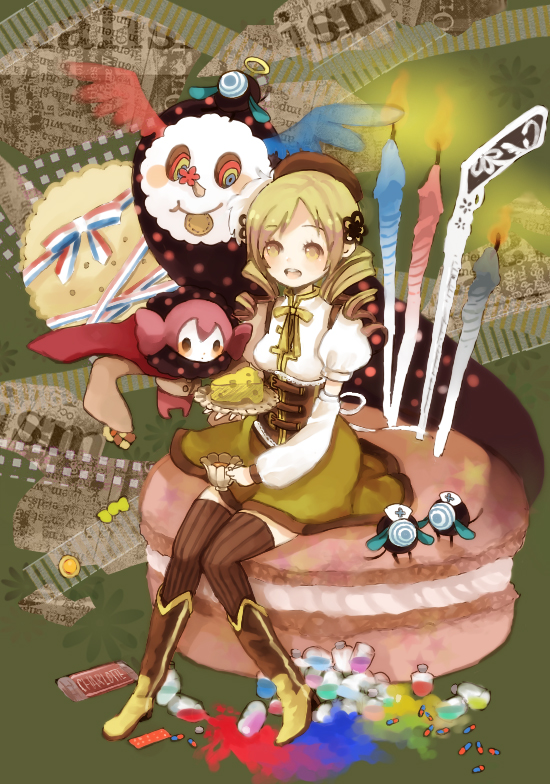bow, cake, candle, charlotte_(madoka), charlotte_(madoka_magica), cheese, drill_hair, food, gun, magical_girl, mahou_shoujo_madoka_magica, pill, pyotr_(madoka_magica), rifle, sitting, thigh-highs, thighhighs, tomoe_mami, toratama_kosuzu, weapon, zettai_ryouiki
