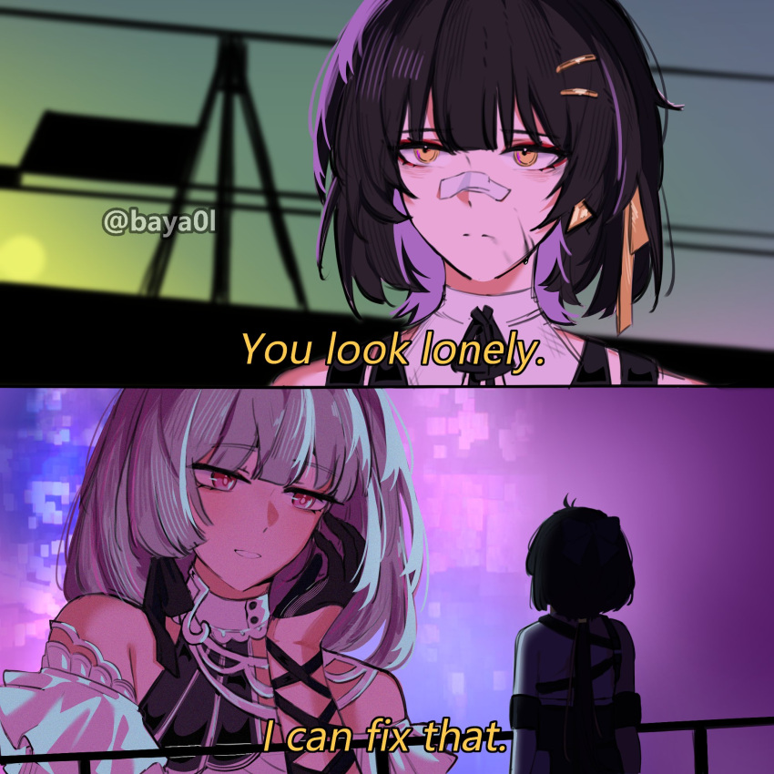 2girls, bandaid, bandaid_on_face, bandaid_on_nose, bare_shoulders, baya0l, black_gloves, black_hair