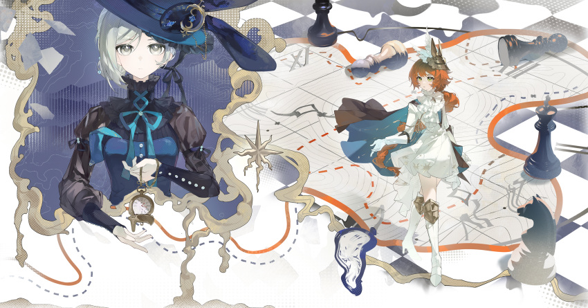 1girl, :o, ascot, black_dress, blue_cape, blue_hat, blue_ribbon, boater_hat, boots, cape, chess_piece, clock, closed_mouth, crossed_legs, dress, full_body, gloves, green_eyes, grey_eyes, grey_hair, hair_bun, hair_ornament, hands_up, hat, hat_ornament, highres, hiruno_baizhou, holding, holding_pocket_watch, juliet_sleeves, king_(chess), knee_boots, knight_(chess), long_braid, long_hair, long_sleeves, looking_at_viewer, map_(object), neck_ribbon, official_alternate_costume, orange_hair, pawn_(chess), pocket_watch, poleyn, puffy_sleeves, rabbit_hat_ornament, reverse:1999, ribbon, short_dress, short_hair, single_side_bun, solo, sonetto_(reverse:1999), standing, upper_body, vertin_(reverse:1999), very_long_hair, watch, white_ascot, white_boots, white_dress, white_gloves, wing_hair_ornament