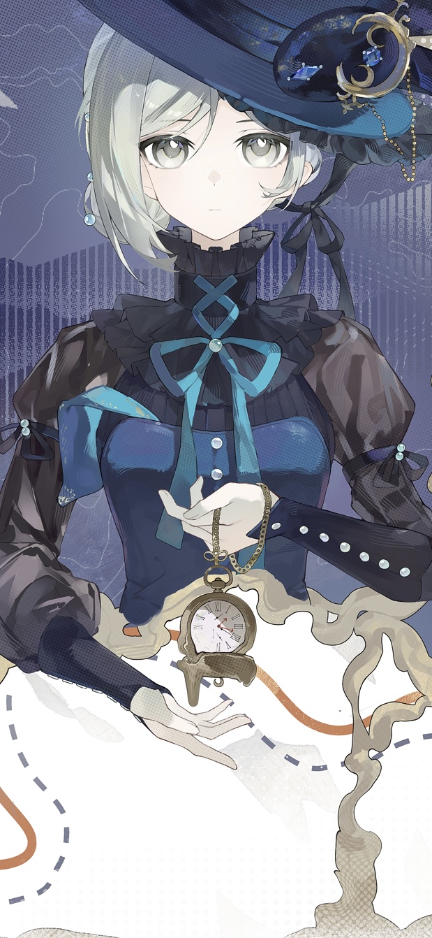 1girl, black_dress, blue_background, blue_hat, blue_ribbon, boater_hat, closed_mouth, cropped, dress, grey_eyes, grey_hair, hair_bun, hands_up, hat, hat_ornament, highres, hiruno_baizhou, holding, holding_pocket_watch, juliet_sleeves, long_sleeves, looking_at_viewer, neck_ribbon, pocket_watch, puffy_sleeves, rabbit_hat_ornament, reverse:1999, ribbon, short_hair, single_side_bun, solo, upper_body, vertin_(reverse:1999), watch