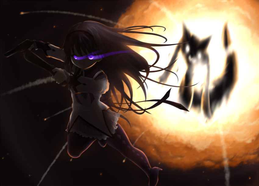 akemi_homura, black_hair, black_legwear, dual_wielding, glowing, glowing_eyes, gun, hairband