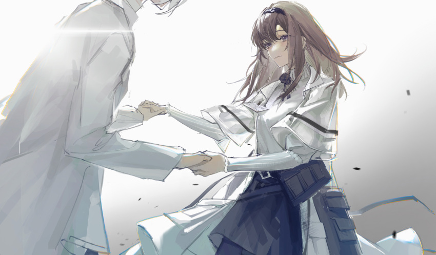 1girl, 1other, absurdres, ambiguous_gender, arknights, black_hairband, black_skirt, brown_hair