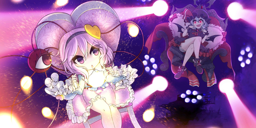 2girls, aged_down, alternate_color, alternate_headwear_color, ascot, bat_wings, black_boots, black_hat