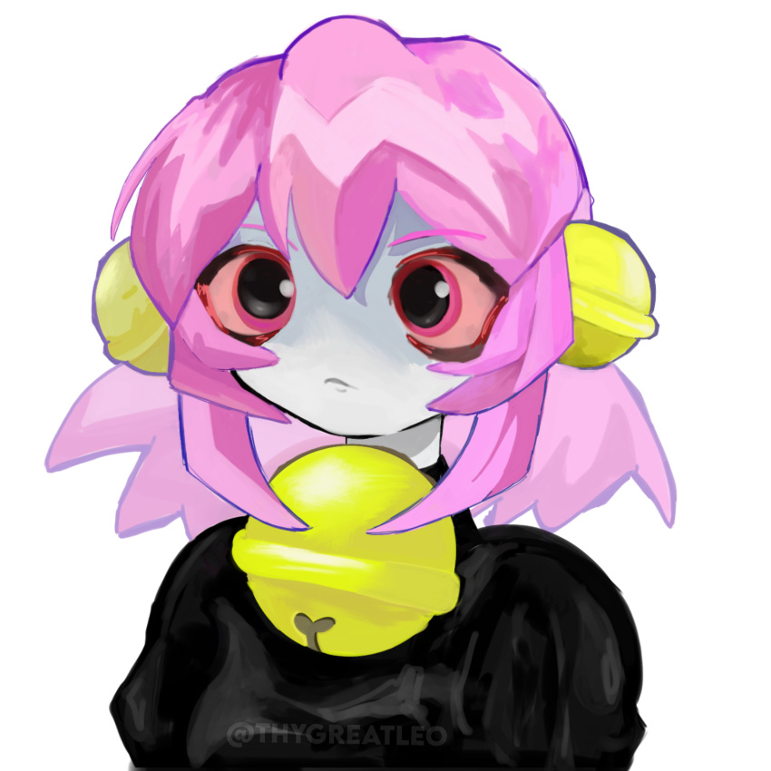 1girl, 8eyes, bell, bloodshot_eyes, colored_skin, derivative_work, hair_bell, hair_ornament