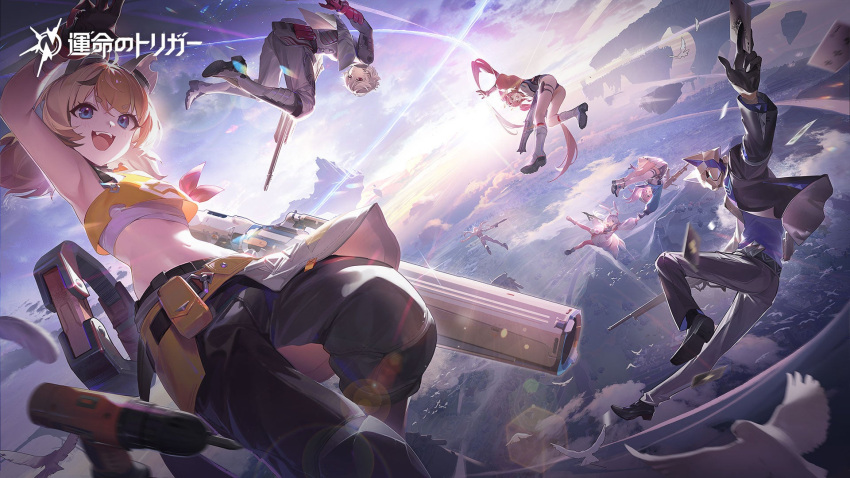 2boys, 5girls, animal_ears, blonde_hair, blue_eyes, cynric_(trigger_of_fate_the_novita), eos_(trigger_of_fate_the_novita), fate_trigger:_the_novita, grey_hair, gun, hair_ornament, hairpin, highres, holding, holding_gun, holding_weapon, kira_(trigger_of_fate_the_novita), long_hair, looking_at_viewer, looking_to_the_side, mindy_(trigger_of_fate_the_novita), multiple_boys, multiple_girls, nase_(trigger_of_fate_the_novita), open_mouth, pink_hair, rabbit_ears, ryoin_(trigger_of_fate_the_novita), twintails, weapon, white_hair, xiva_(trigger_of_fate_the_novita)