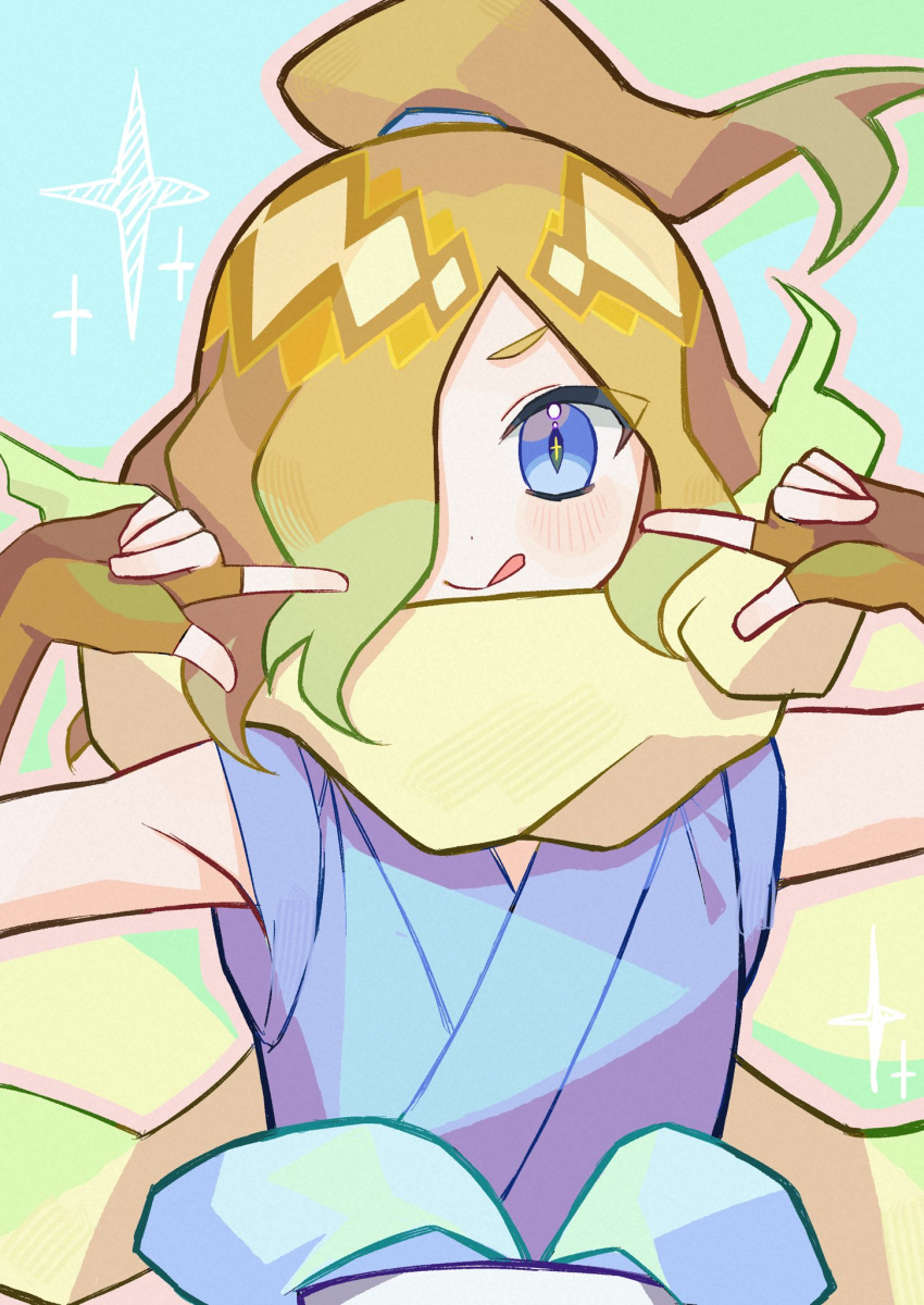1boy, blonde_hair, blue_eyes, blue_shirt, blush, brown_gloves, djob7ycnem9, fingerless_gloves