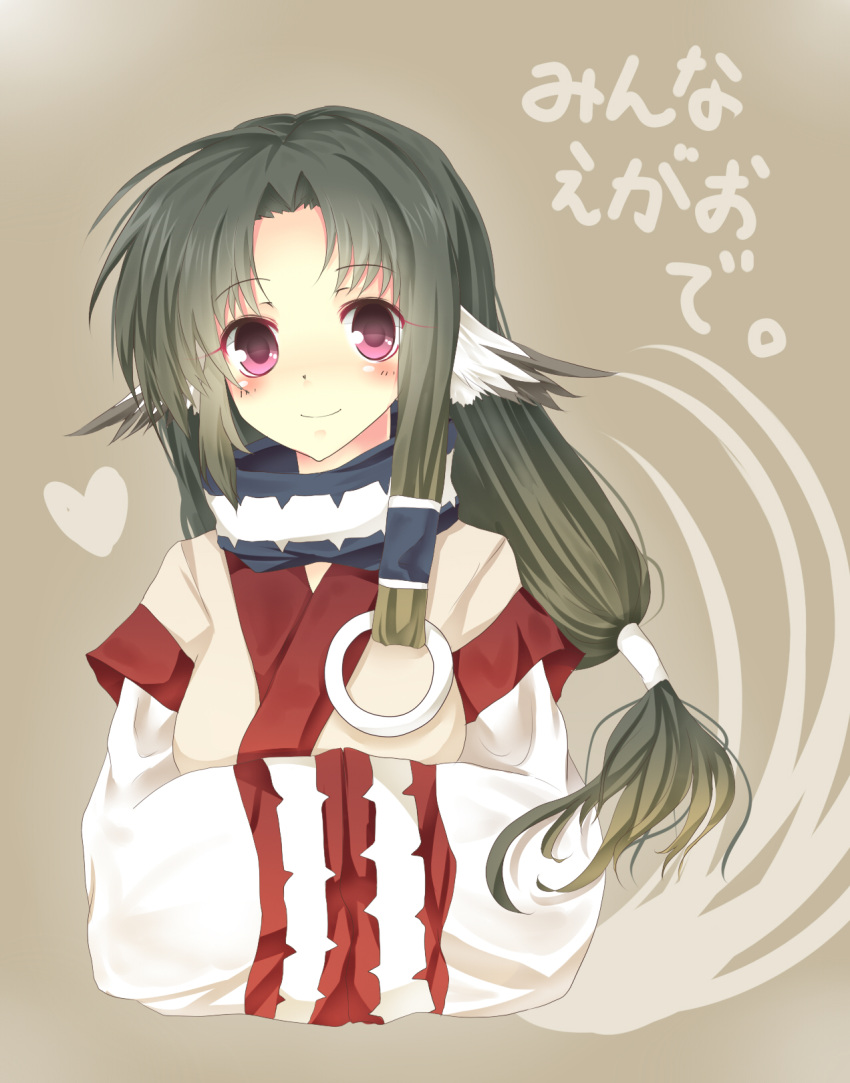dog_ears, eruruw, green_hair, highres, japanese_clothes, long_hair, red_eyes, translated