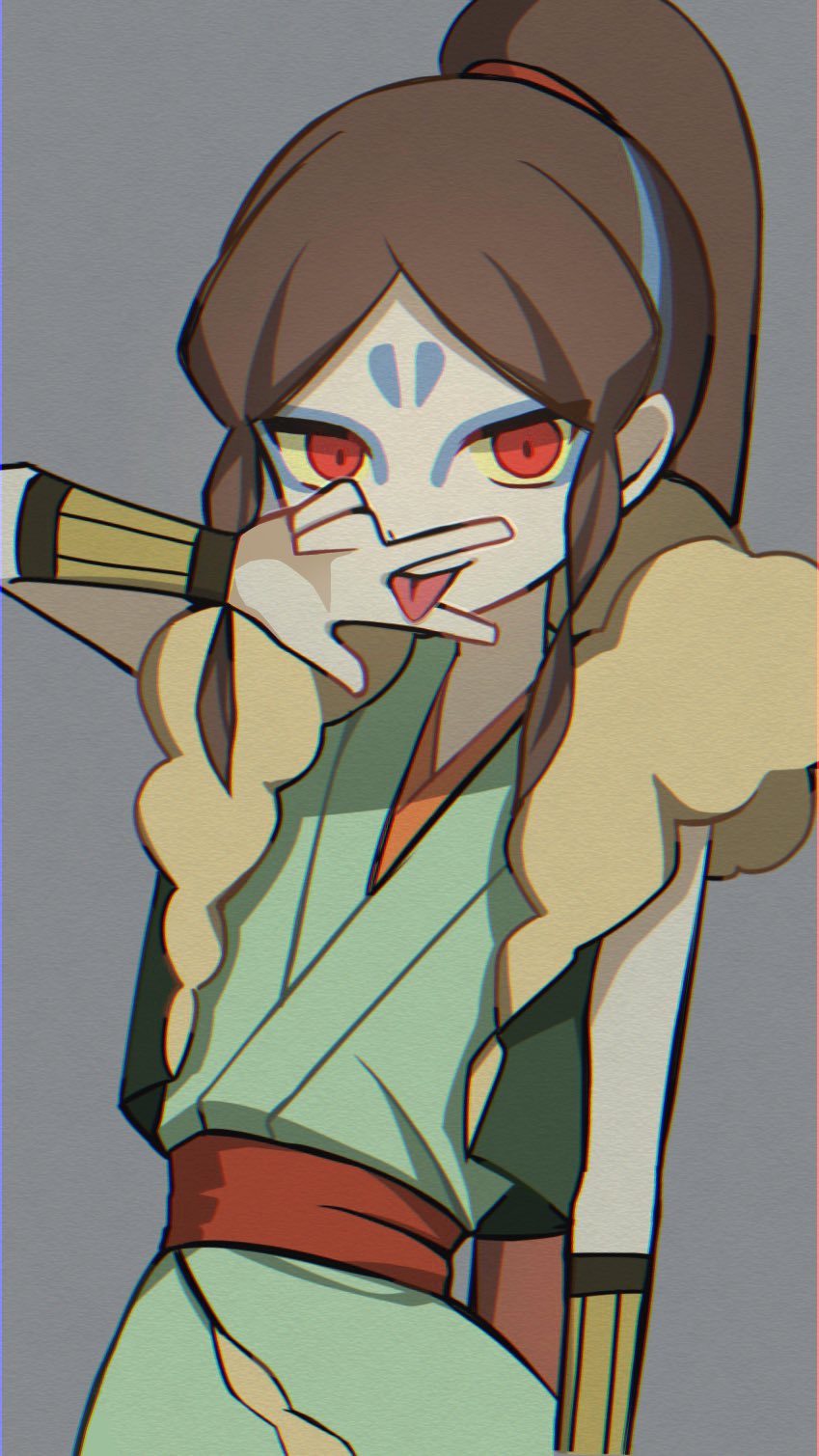1boy, blue_eyeshadow, brown_hair, colored_sclera, djob7ycnem9, eyeshadow, green_vest, grey_background