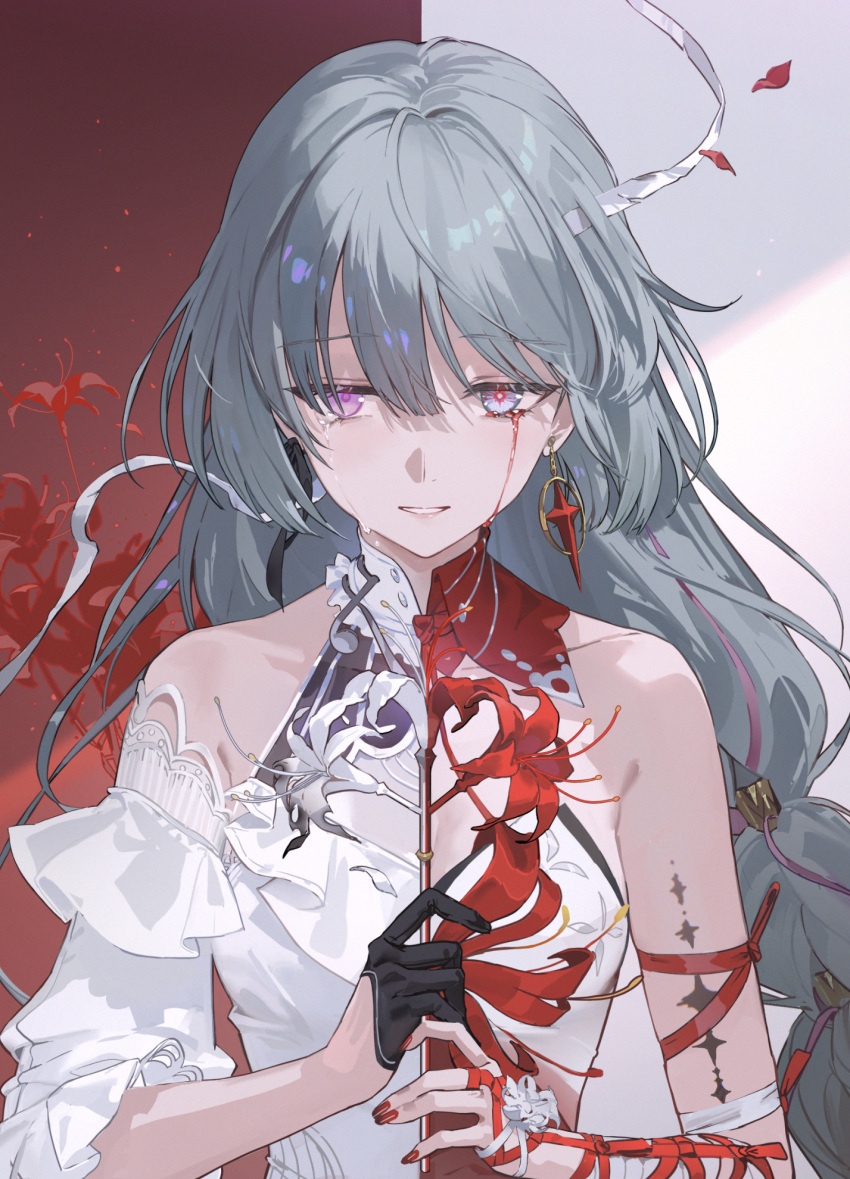 1girl, bandaged_arm, bandages, bare_shoulders, black_gloves, black_ribbon, blood, blood_from_eyes