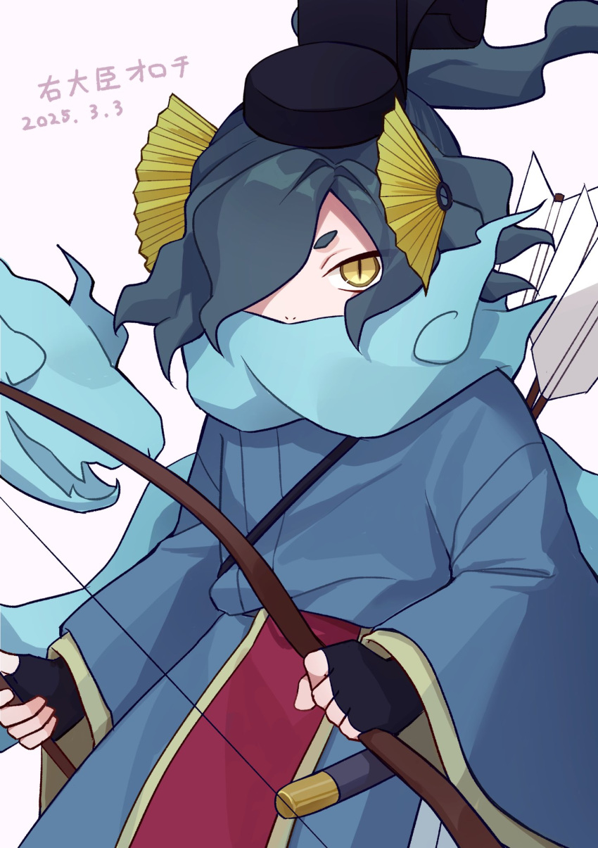 1boy, alternate_costume, aqua_hair, arrow_(projectile), black_gloves, black_hat, blue_robe, bow_(weapon)