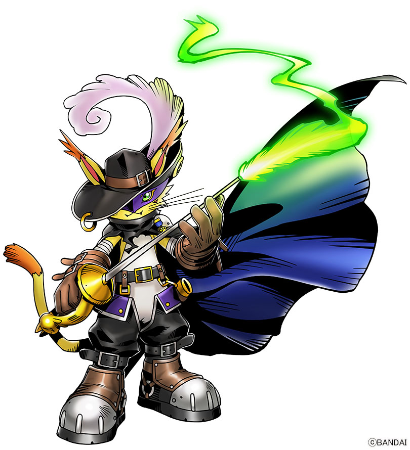 black_cape, black_hat, black_pants, boots, brown_boots, brown_gloves, cape, cat, digimon, digimon_(creature), eye_mask, fangs, full_body, gloves, green_eyes, hat, hat_feather, holding, holding_sword, holding_weapon, nyabootmon, official_art, pants, purple_mask, rapier, simple_background, solo, sword, weapon, white_background