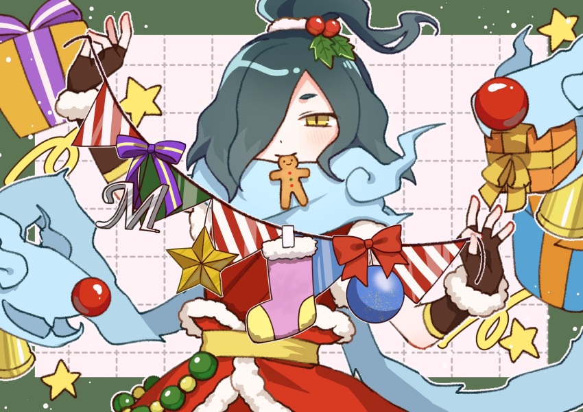 1boy, aqua_hair, bow, box, brown_gloves, djob7ycnem9, fingerless_gloves, food_in_mouth