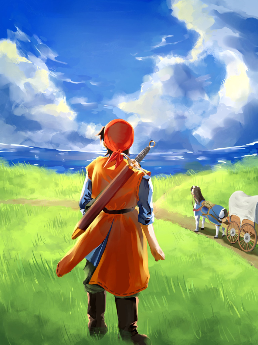 1boy, 1girl, bandana, blue_shirt, blue_sky, boots, brown_boots, brown_hair
