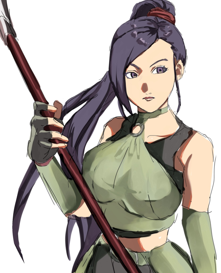 1girl, arm_guards, asymmetrical_bangs, bike_shorts, black_tank_top, bustier, commentary_request, dragon_quest, dragon_quest_xi, fingerless_gloves, fuzi3_tasyumi, gloves, green_bustier, grey_gloves, high_ponytail, highres, holding, holding_polearm, holding_weapon, looking_to_the_side, martina_(dq11), midriff, o-ring, o-ring_top, polearm, ponytail, purple_hair, sketch, solo, tank_top, upper_body, violet_eyes, weapon, white_background