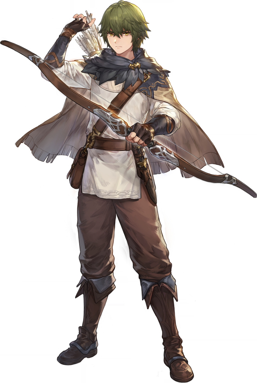1boy, absurdres, belt_pouch, boots, bow_(weapon), cape, drawing_arrow, faycal_(sword_of_convallaria)