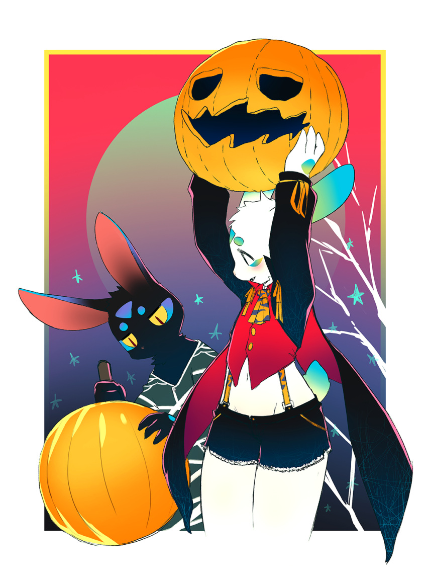 2boys, animal_ears, black_cape, black_fur, blue_fur, body_markings, cape, chu_(66r741), divine_markings, expressionless, facial_mark, furry, furry_male, gradient_fur, halloween, highres, holding, jack-o'-lantern, long_sleeves, looking_at_another, looking_at_object, male_focus, midriff, moon, multiple_boys, original, pumpkin, rabbit, rabbit_ears, red_vest, shorts, sitting, smile, star_(sky), vest, white_fur