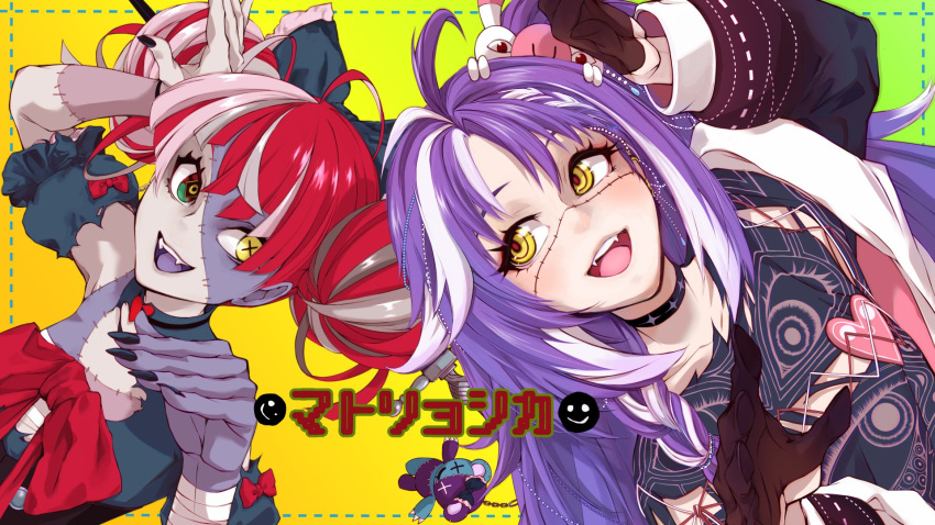 ahoge, arm_up, black_choker, black_dress, black_gloves, black_nails, black_shirt, choker, collarbone, colored_tongue, commentary, d-maker, double_bun, dress, english_commentary, fangs, gloves, gradient_background, green_background, hair_bun, heterochromia, highres, hololive, hololive_indonesia, indie_virtual_youtuber, jared_(michi_mochievee), kureiji_ollie, kureiji_ollie_(1st_costume), long_sleeves, looking_at_another, michi_mochievee, michi_mochievee_(1st_costume), open_mouth, pale_skin, patchwork_skin, purple_hair, purple_tongue, red_hair, shirt, symbol-shaped_pupils, teeth, torn_clothes, torn_dress, torn_shirt, udin_(kureiji_ollie), undead, upper_teeth_only, white_streaks, yellow_background, yellow_eyes, zombie