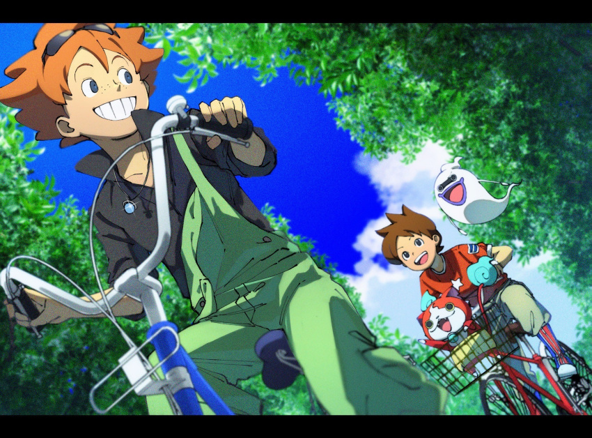 2boys, amano_keita, black_shirt, blue_sky, brown_hair, brown_pants, buck_hazeltine, clouds, day, ghost, green_overalls, grin, highres, jibanyan, letterboxed, multiple_boys, nishino_(fetv8484), open_mouth, outdoors, overalls, pants, red_shirt, shirt, short_hair, sky, smile, teeth, tree, upper_teeth_only, whisper_(youkai_watch), youkai_(youkai_watch), youkai_watch, youkai_watch_3
