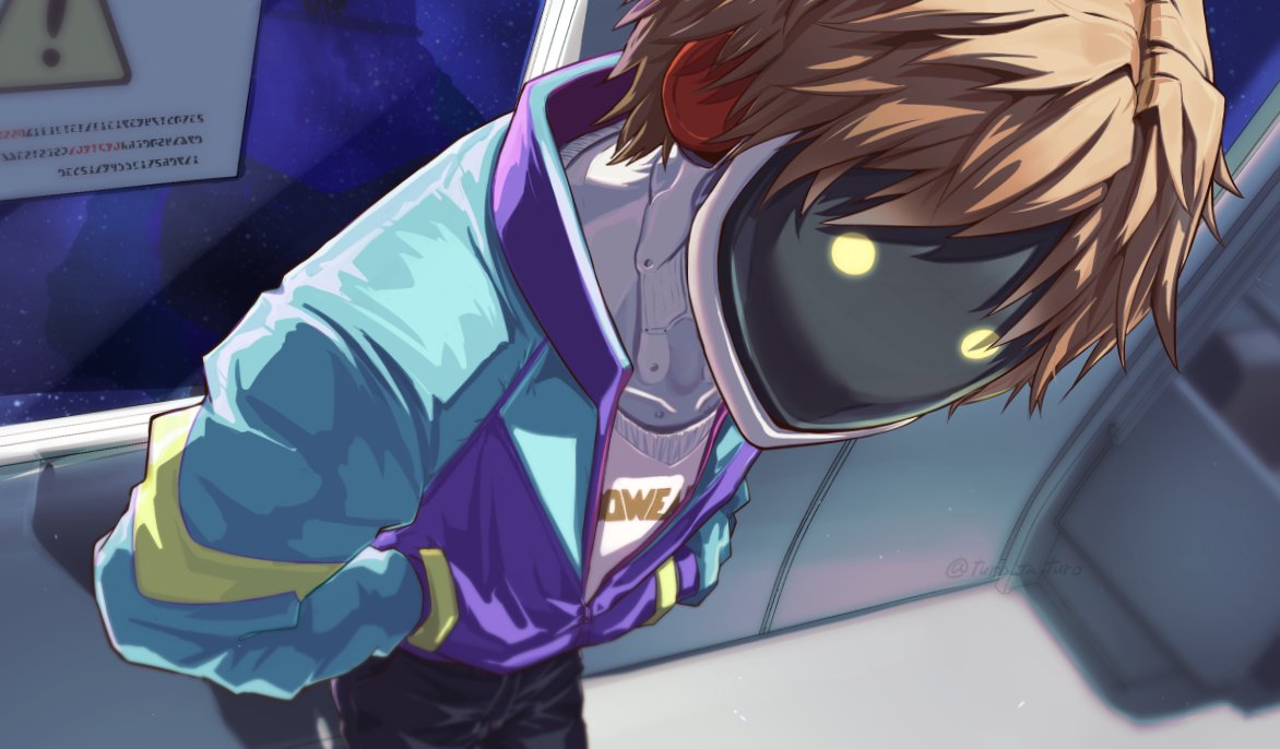 1boy, bako_tsu, blonde_hair, glowing, glowing_eyes, hands_in_pockets, indoors, looking_at_viewer