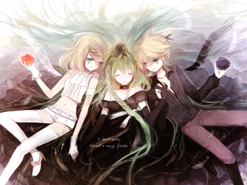 apple, aqua_eyes, blonde_hair, braid, closed_eyes, eyes_closed, food, fruit, green_hair, hatsune_miku, himitsu_~kuro_no_chikai~_(vocaloid), kagamine_len, kagamine_rin, long_hair, midriff, navel, shell_(pixiv), short_hair, thigh-highs, thighhighs, twintails, vocaloid, wings