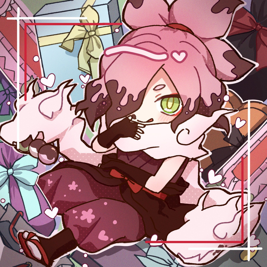 1boy, brown_gloves, djob7ycnem9, fingerless_gloves, gloves, green_eyes, hair_over_one_eye, highres