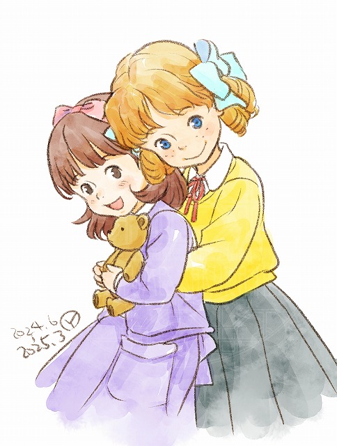 2girls, :d, blonde_hair, blue_eyes, blush, bow, brown_eyes, brown_hair