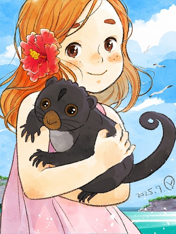 1girl, animal, bird, blue_sky, blush, brown_eyes, clouds, day