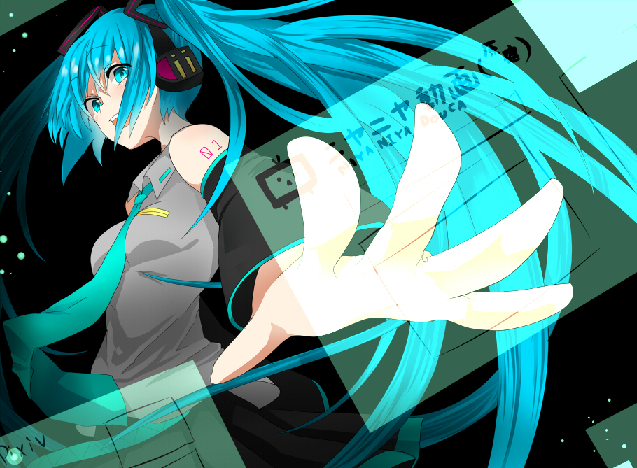 aqua_eyes, aqua_hair, detached_sleeves, display, foreshortening, hands, hatsune_miku, headphones