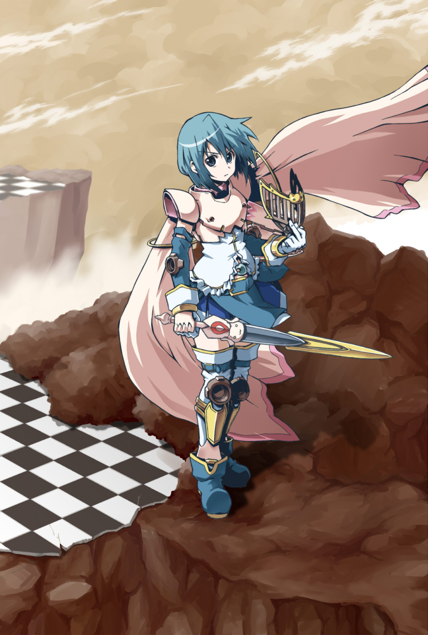 armor, armored_dress, blue_eyes, blue_hair, boots, cape, checkered, checkered_floor