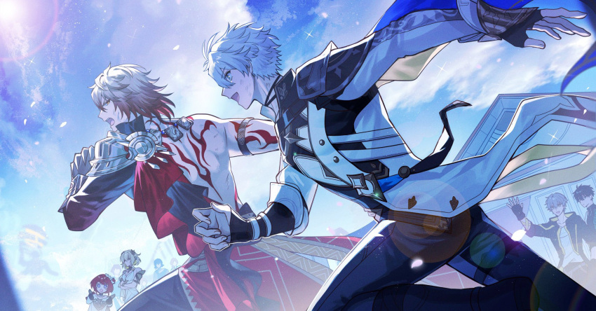 2girls, 4boys, aglaea_(honkai:_star_rail), antenna_hair, arm_tattoo, armlet, armor, back_tattoo