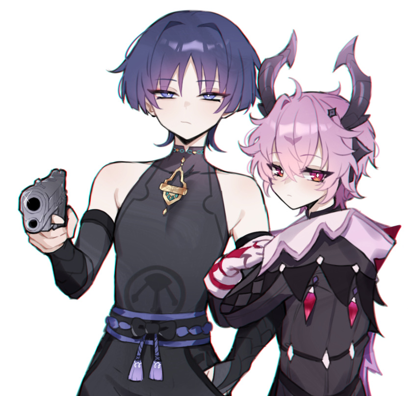 2boys, aiming, aiming_at_viewer, armor, armpit_crease, belt, black_belt, black_bodysuit