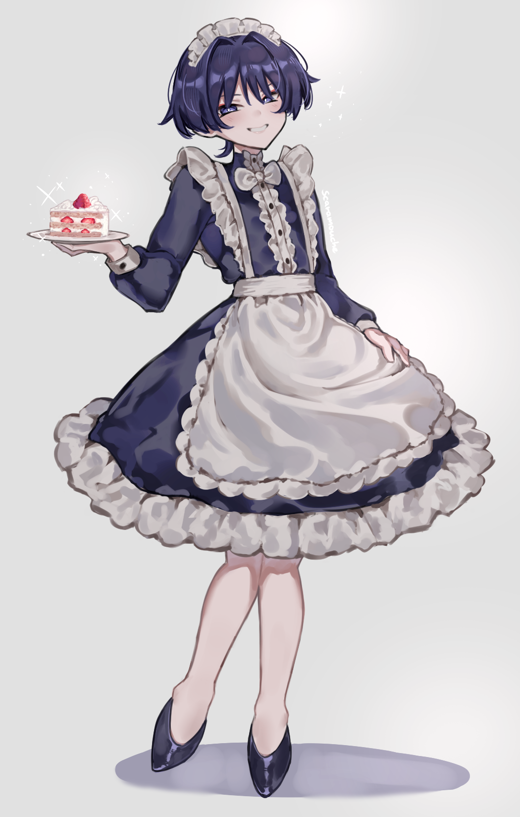 1boy, alternate_costume, apron, arm_at_side, black_dress, black_hair, black_shoes, black_sleeves
