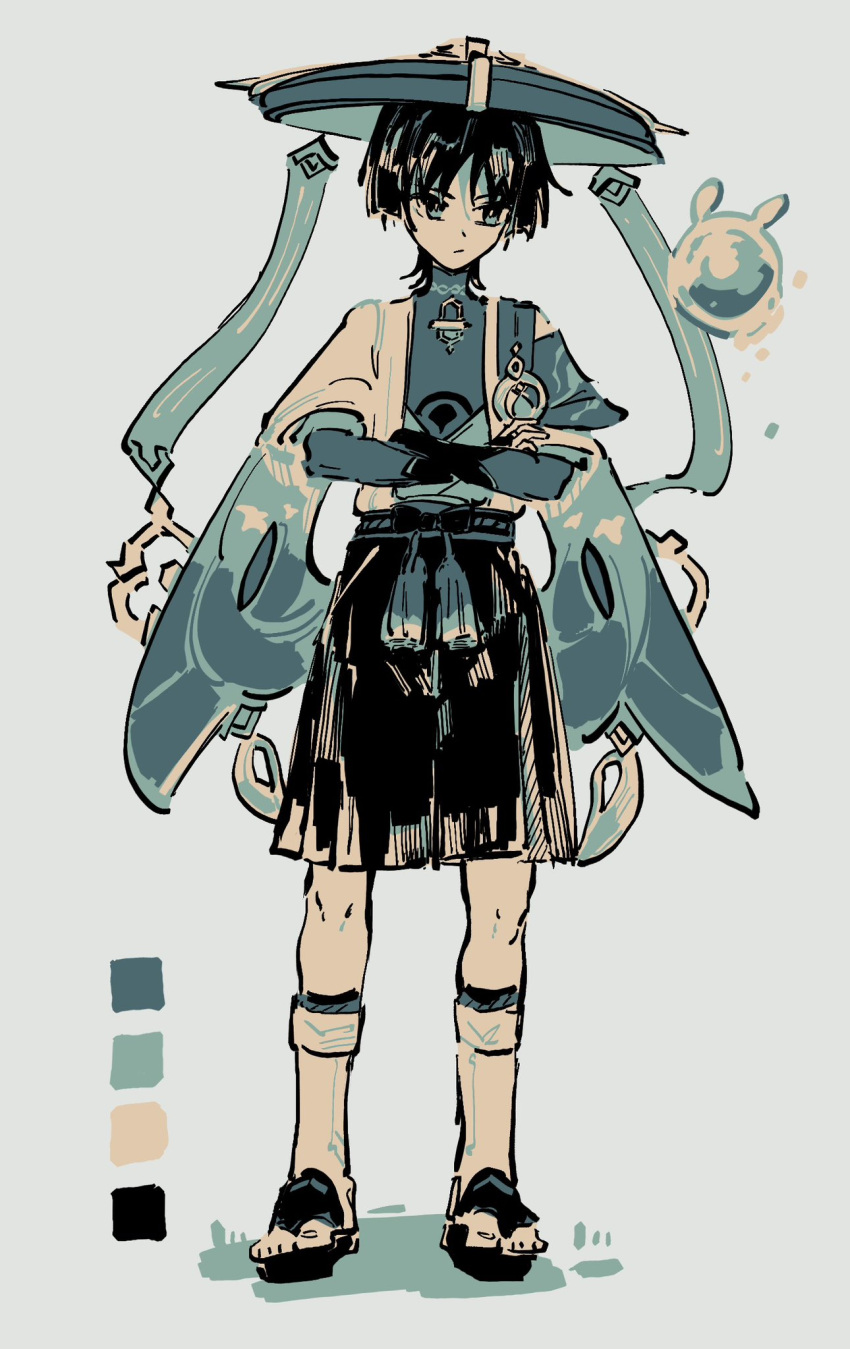 1boy, aqua_cape, aqua_eyes, aqua_gemstone, aqua_hat, aqua_kimono, aqua_rope, aqua_sleeves