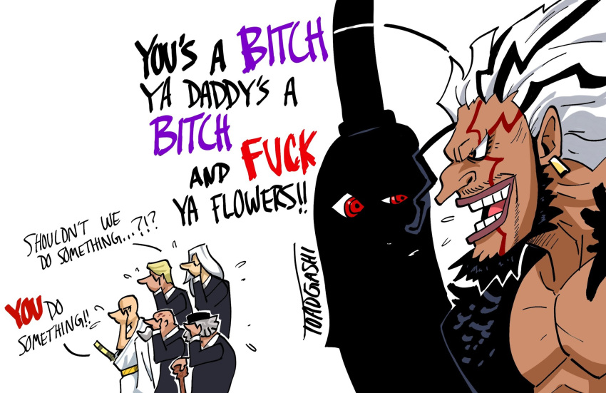 1other, bald, ethanbaron_v._nusjuro, imu_(one_piece), jaygarcia_saturn, long_hair, marcus_mars, medium_hair, multiple_boys, one_piece, profanity, rocks_d._xebec, shepherd_ju_peter, short_hair, toadgashi, topman_warcury