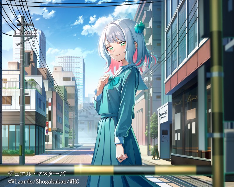 1girl, aqua_eyes, aqua_gemstone, aqua_hair, aqua_ribbon, aqua_sailor_collar, aqua_skirt, blue_bow