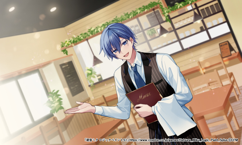 black_jacket, black_pants, blue_eyes, blue_hair, blue_nails, ceiling_light, chair, collared_shirt, commentary_request, cowboy_shot, hair_between_eyes, hand_up, hatsune_miku_logic_paint_s, highres, holding, holding_menu, jacket, kaito, kaito_(vocaloid), lapels, long_sleeves, looking_at_viewer, lower_teeth_only, menu, menu_board, official_art, open_mouth, pants, pinstripe_pants, pinstripe_pattern, pinstripe_shirt, plant, restaurant, shirt, table, teeth, teito_(0w0kuma), tongue, vocaloid, waiter, wing_collar, wooden_chair, wooden_table